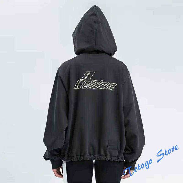

hoodies loose fleece new we11done sweatshirts men women pearl diamond zipper pocket patch drawstring welldone hoodies, Black;brown