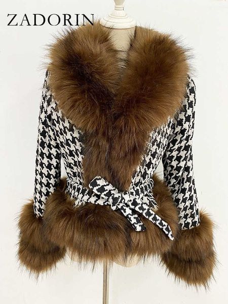 

women's fur faux zadorin trend fashion autumn winter short plaid wool patchwork racoon coat women luxury big collar jacket t221105, Black