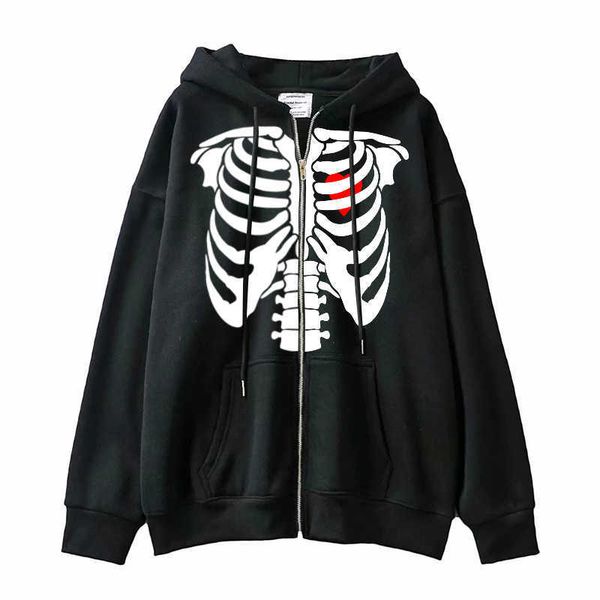

women's jackets y2k hoodie skeleton print anime zip up hoodies women long sleeve jacket retro loose streetwear harajuku pullover sweats, Black;brown