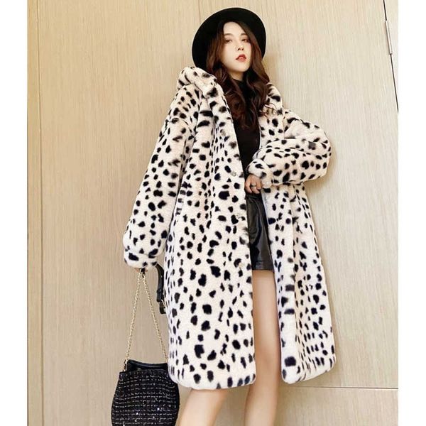 

women's fur faux 2021 winter coat leopard print mink plush jacket long hooded korean loose thick warm female parker t221105, Black