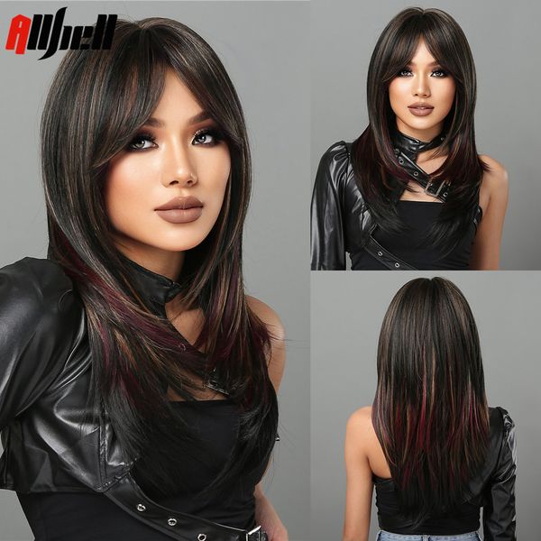 

lx brand long straight black synthetic wigs with bangs mixed golden wine red layered hair wigs for women afro heat resistant party usefactor