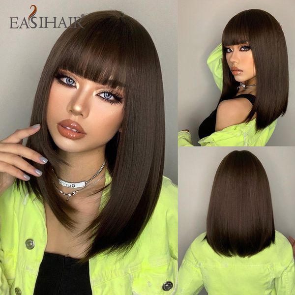 

shoulder length dark brown bobo synthetic wig with bang straight hair wigs for women heat resistant daily cosplayfactory direct, Black