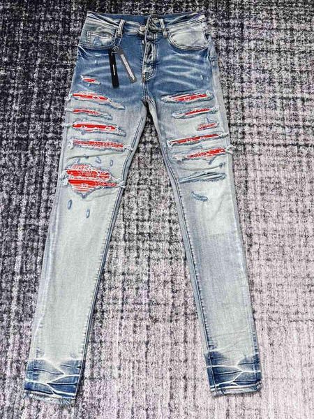

amirs designer men jeans amirs fg new high street red patchwork cashew nut flower patchwork hole made old jeans european and american fashio, Blue