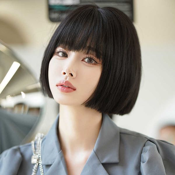 

hair lace wigs wig short style straight with wavy head natural imitation chemical fiber hair, Black