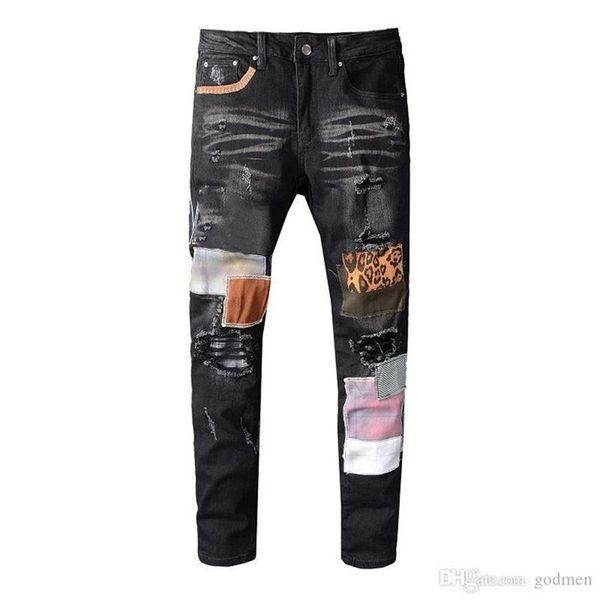 

mens jeans distressed motorcycle biker jean rock skinny slim ripped hole letter brand hip hop denim pants297h, Blue
