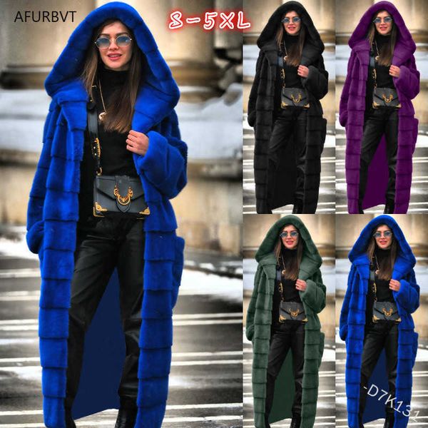 

women's fur faux 2022 casual coat hoodies ry thick warm long rabbit jacket slim winter casaco feminino 5xl t221105, Black
