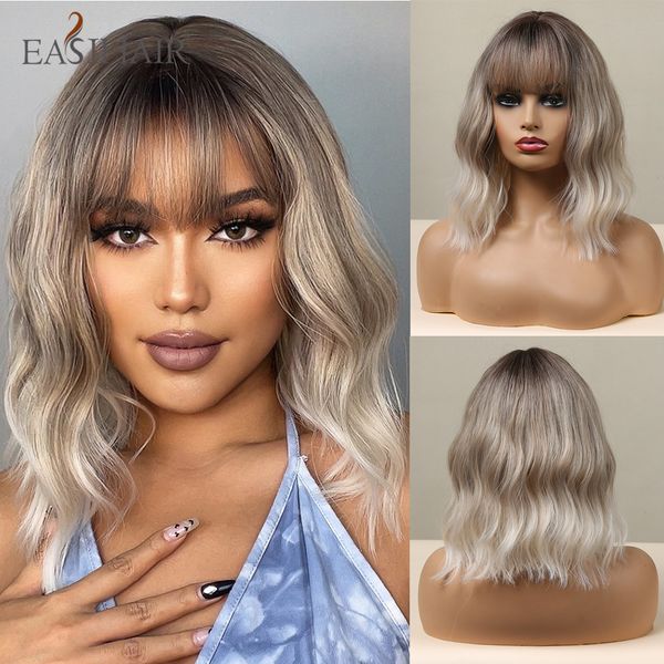 

bob ombre brown blonde wavy wigs with bang shoulder length natural synthetic wigs for women daily heat resistant fibersfactory direct, Black