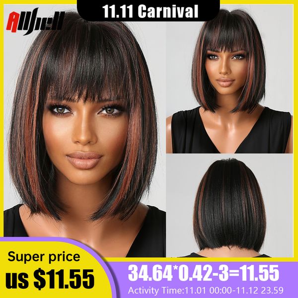 

lx brand black straight synthetic hair wigs with bangs short bob red highlights wigs for women daily cosplay natural wig heat resistantfacto