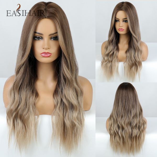 

ombre brown long wavy synthetic wigs middle part natural hairs for women daily cosplay party heat resistant fiber wigsfactory direct, Black