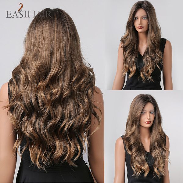 

lace front wigs brown golden body wave synthetic lace wig with baby hair for black women daily cosplay female fake hairfactory direct