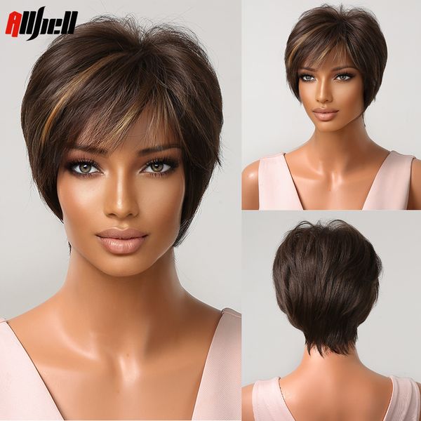

lx brand brown blonde highlight synthetic wigs for women short bob pixie cut wigs with bangs cosplay daily straight hair heat resistantfacto, Black