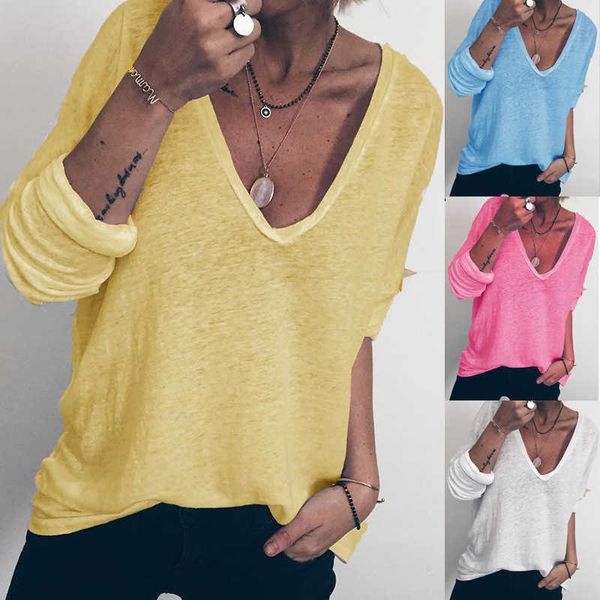 

women's long sleeve v-neck t-shirt casual loose solid color top, White