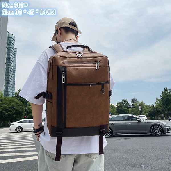 

Wholesale men shoulder bag Joker large capacity leisure light backpacks outdoor daily travel fitness leather handbag fashion color matching computer backpack, Brown-983#