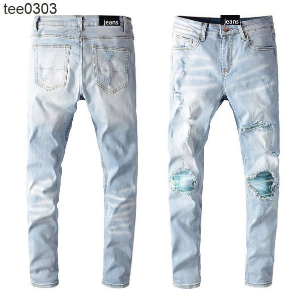 

645 fashion brand amirs jeans light color hole patch jeans for young men, Blue
