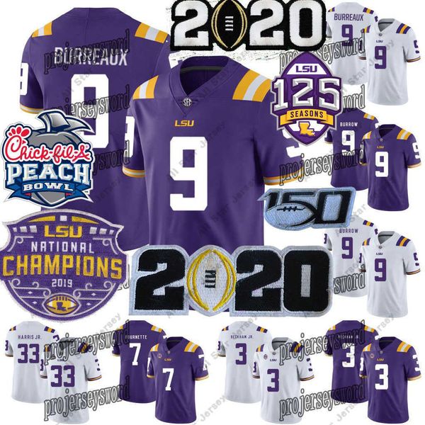 

american college football wear 2020 champions playoff lsu tigers college football jersey burreaux diamond patch joe burrow ja'marr chas, Black