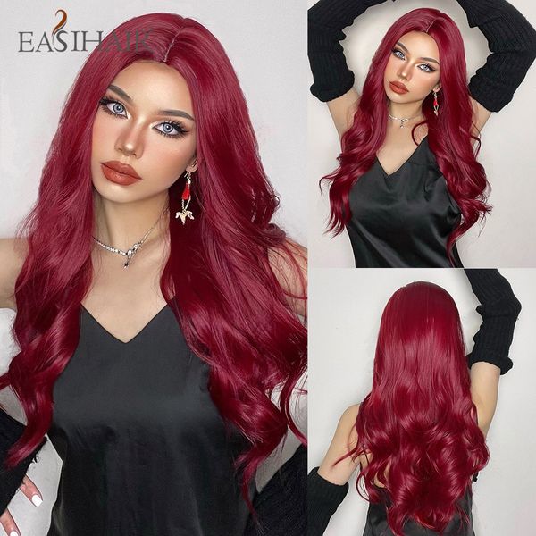 

wine red long wavy synthetic wigs for women middle part burgundy natural hairs for daily cosplay heat resistant fibersfactory direct, Black