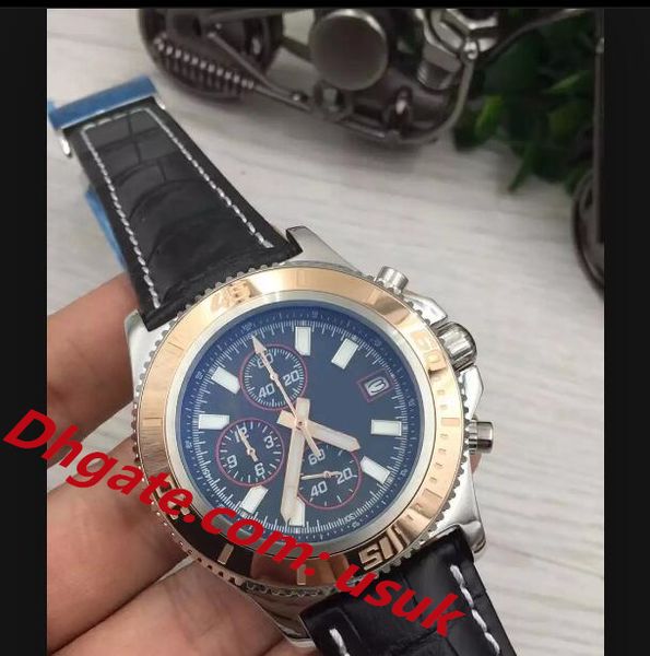 

3a quality mens watches 46mm black leather belts vk quartz movement chronograph watch for men blue dial wristwatch super luminous watches, Slivery;brown