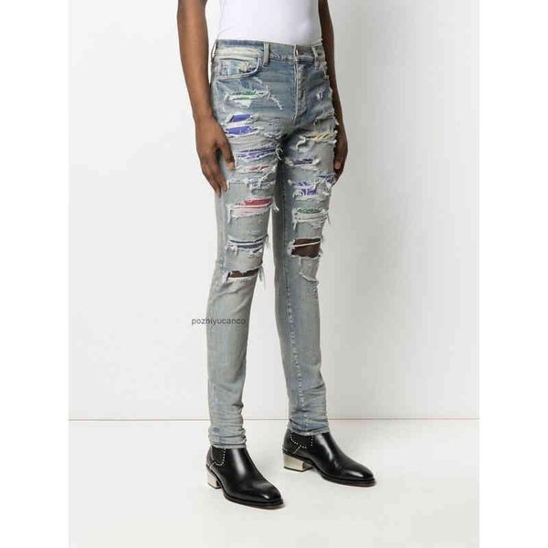 

amirs designer men jeans amirs new cashew nut flower color collage decal hole washing slim fit jeans european and american tide brand poison, Blue