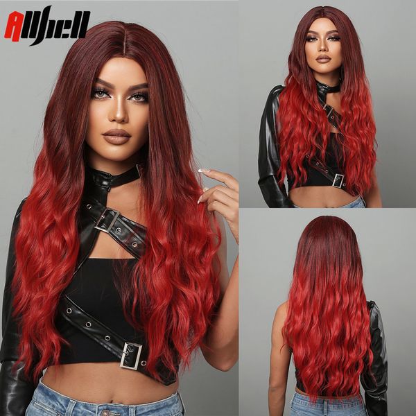 

lx brand red ombre long wavy synthetic hair wigs middle part for black women afro natural wave wigs halloween cosplay costume fake hairfacto