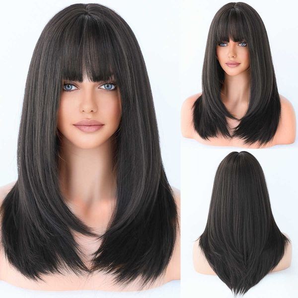 

hair lace wigs style wig female 57cm natural head cover long straight hair with air bangs ide, Black
