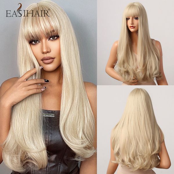 

long light blonde straight synthetic hair wig with bangs heat resistant cosplay wig for womenfactory direct, Black