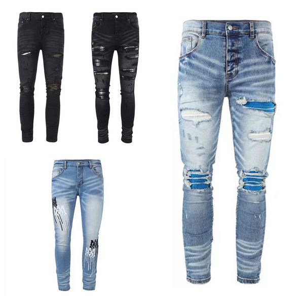 

motorcycle fashion brand jeans hip-hop high street distressed ripped biker slim fit mans black trend zipper knife cut a hole decoration stre, Blue