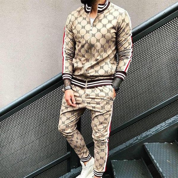 

men's tracksuits 2pieces set men fashion classic print jackets and pants silm zipper pullover sportswear gentlemen plaid mens295u, Gray