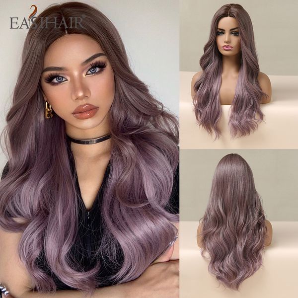 

long wavy ombre brown purple synthetic wigs for women heat resistant natural middle part cosplay party lolita hair wigsfactory direct, Black