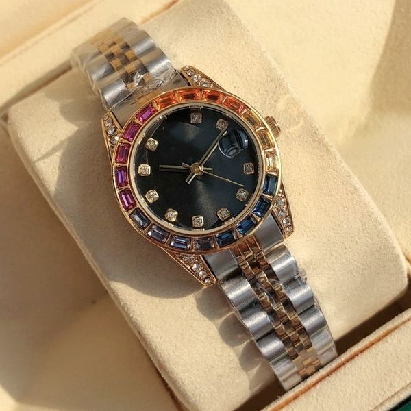 

womans classic black rainbow watch 28mm lady diamond rainbow wristwatches quartz movement outdoors sport festival gift waterproof watches mo, Slivery;brown