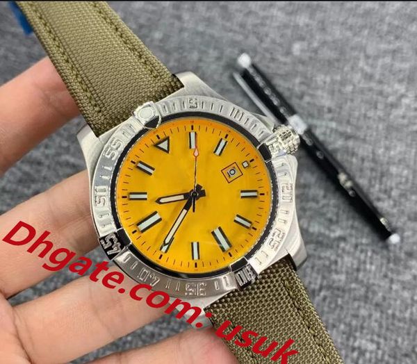 

3a quality mens right hand silver watches stainless case yellow dial superocean heritage automatic mechanical movement watch leather strap f, Slivery;brown
