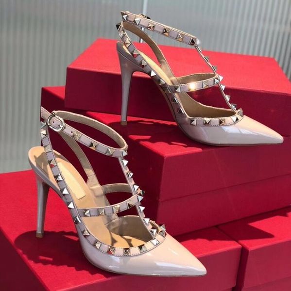 

women high heels sandals brand v rivets pointed shoes 6cm 8cm 10cm thin heel two belts shiny patent leaths red wedding shoes with box 34-44, Black