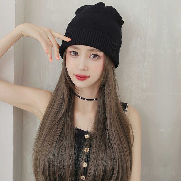 

hair lace wigs wool hat with wig in one women's autumn and winter long straight hair net red head set, Black