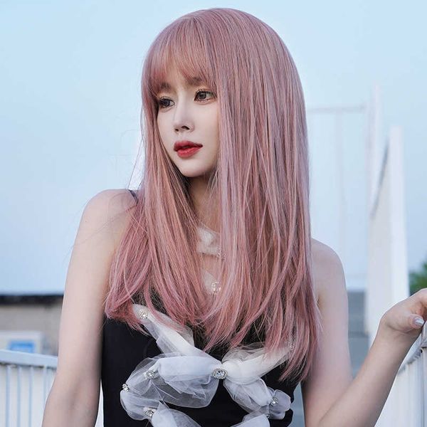 

hair lace wigs women's head style net red long straight hair air bangs pink cover fashion wig, Black