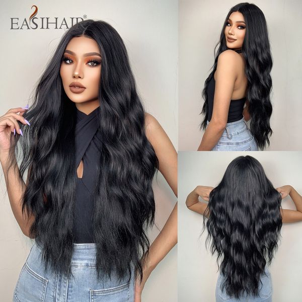 

long black water wave lace front synthetic wigs with baby hair for black women daily cosplay t part wigs heat resistantfactory direct