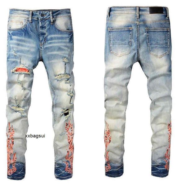 

amirs mens jeans amirs trend high street print light color hole patch beggar pants elastic leggings slim #836, Blue