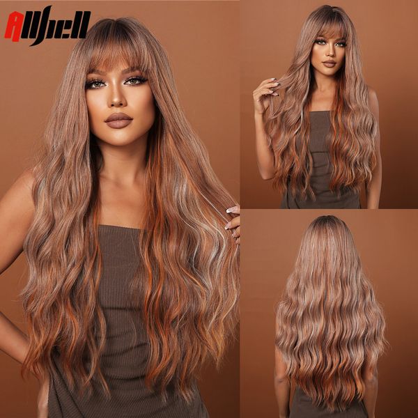 

lx brand long brown water wavy synthetic wigs with bangs for black women mixed platinum blonde wave cosplay hair wig heat resistant fiberfac
