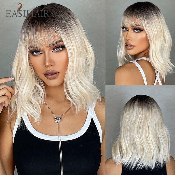 

short ombre blonde synthetic wavy wigs with bangs light platinum shoulder length bob hair wigs for women heat resistantfactory direct, Black
