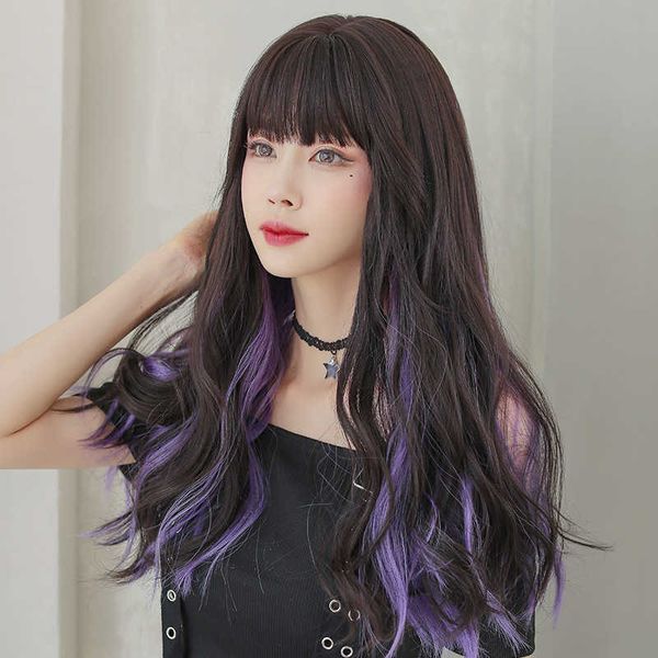 

hair lace wigs wig female net red hanging ear dye long curly hair air bangs ffy natural head cover, Black
