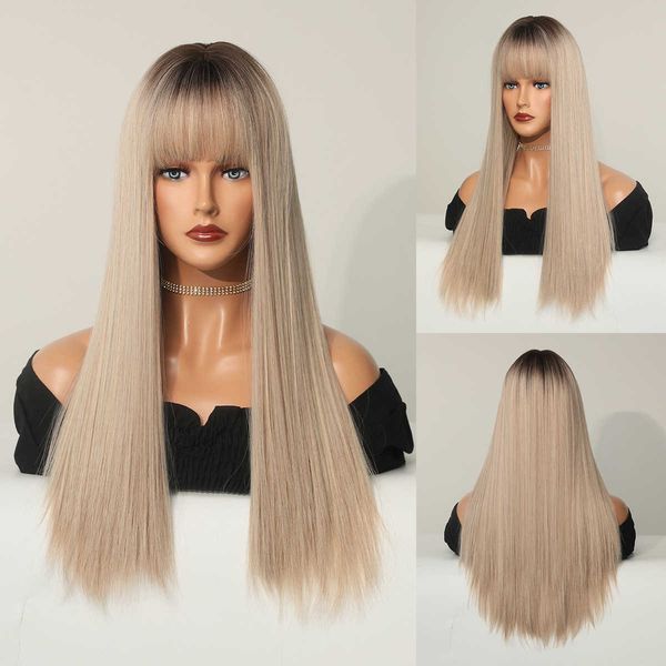 

hair lace wigs qi liuhai women's long straight hair champagne golden wig chemical fiber hine headgear rose mh 25in, Black