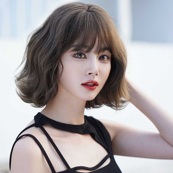 

hair lace wigs female ffy natural wave head wig cover age reducing and beautifying short curly hair, Black