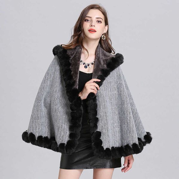 

women's fur faux fur winter outdoor thicken hooded poncho women faux fur collar streetwear black knit loose cloak shawl coats female wr