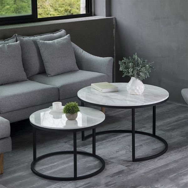 

italian luxury popular modern 100% marble round coffee tables desk for living room 2 in 1 simple combination iron tea table226j