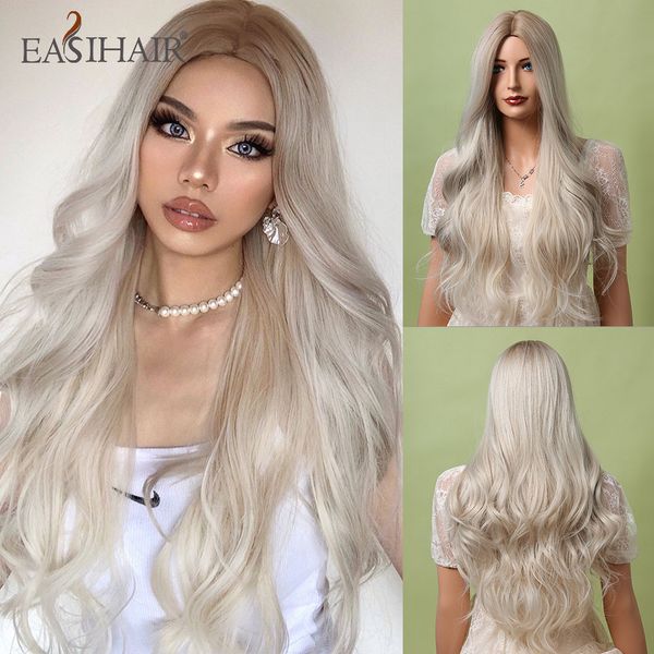 

long light platinum blonde wavy synthetic wigs middle part heat resistant natural hairs for women cosplay party dailyfactory direct, Black