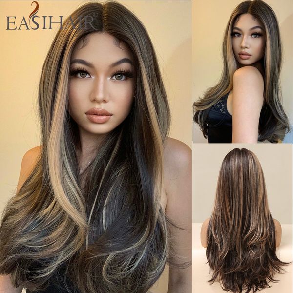 

long black dark brown honey gloden wavy wig with highlights heat resistant synthetic cosplay wigs for black women afrofactory direct