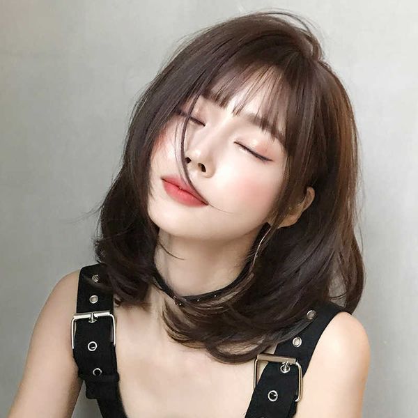 

hair lace wigs wig women's short with bangs round face bobo head buttoned net red shoulder gth hair, Black