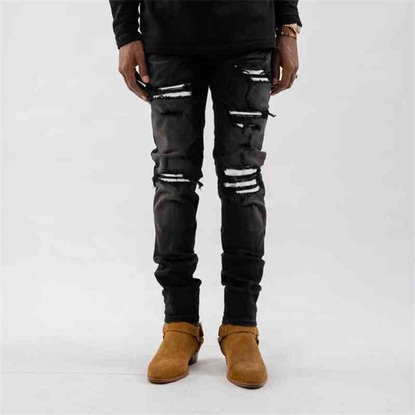

amirs mens jeans designer high street new amirs fashion brand wash black and white patched skin and holes slim small feet skinny jeans men h, Blue