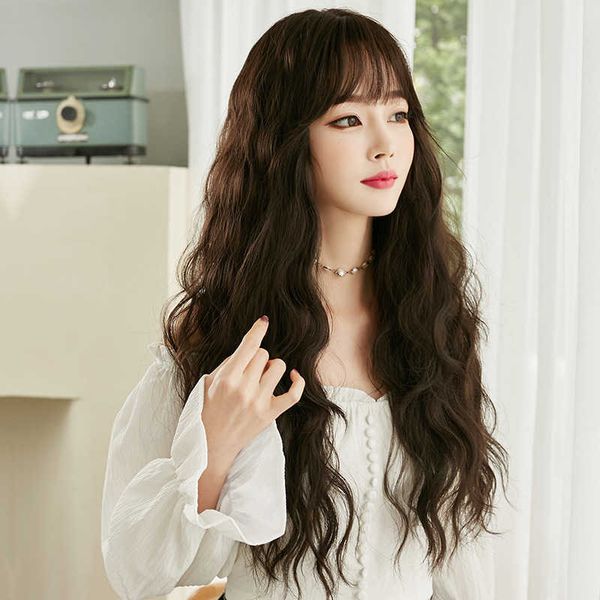 

hair lace wigs korean version long net red wool curly hair air bangs corn perm wig head set, Black