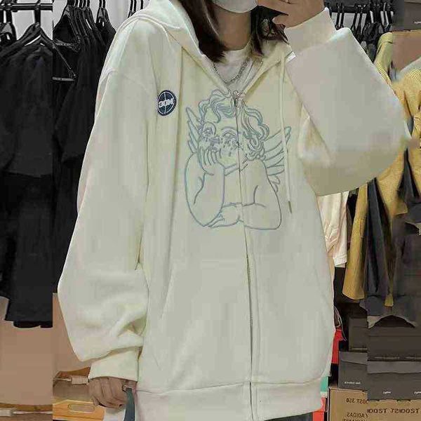 

hoodies loose fleece oversize letter angel sweatshirts women harajuku zip up hoodies y2k casual clothes teens spring vintage anime hoodie, Black;brown