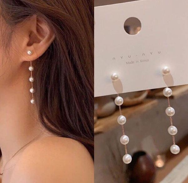 

s925 silver needle fringe long pearl dangle chandelier earrings women's delicate two-sided ear stud earrings girl gifts jewelry