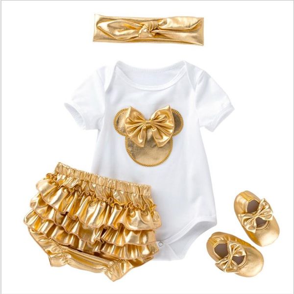 

4pcs set for baby golden clothing sets rompers pp shorts headband shoes newborn suit infant clothes toddler outfits s--l-xl 0-2years240v, White